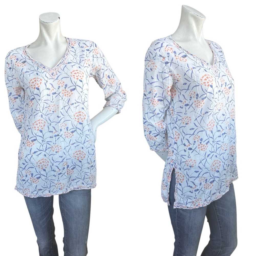 Gretchen Scott Designs White Orange & Blue Floral 3/4 Sleeve Tunic Top Small